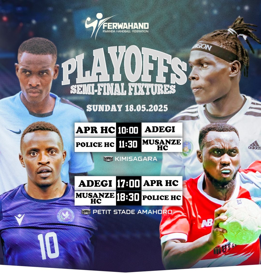 FerwahandRwanda's tweet image. Are you ready for the playoffs? After the regular season, it’s time for the semi-finals scheduled this Sunday at Kimisagara and Petit Stade Amahoro.

Nyuma yo gusoza imikino isanzwe ya shampiyona, kuri iki Cyumweru ku bibuga bya Kimisagara na Petit Stade Amahoro haratangira…