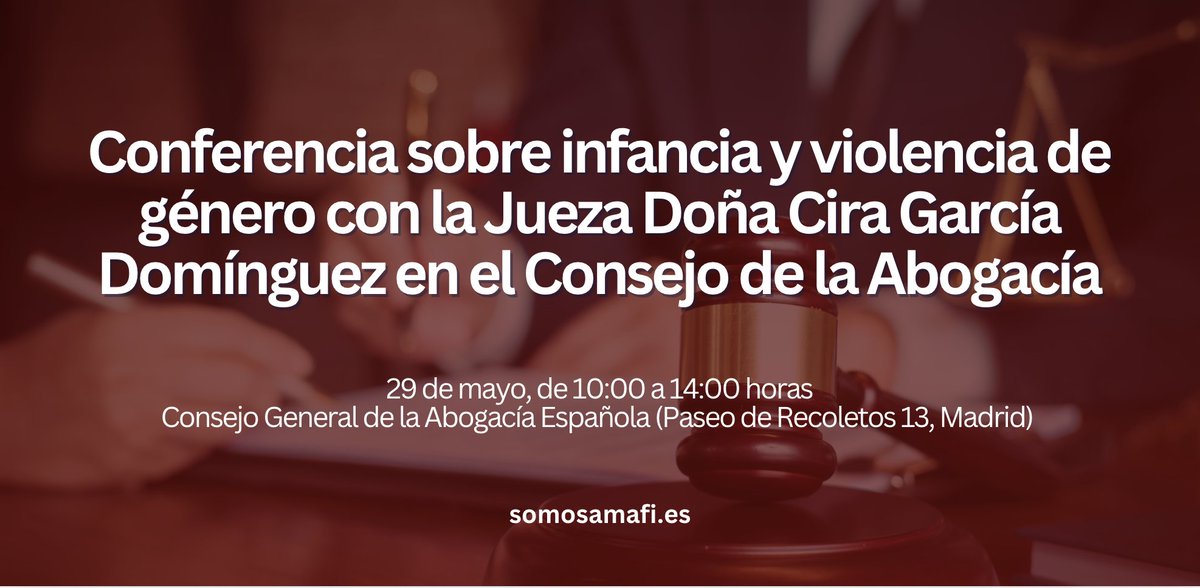👩‍⚖️👶 Jornada jurídica sobre la protección de niños y niñas en contextos de violencia de género, organizada por la Asociación Madrileña de Abogacía de Familia e Infancia (<a href="/somosamafi/">AMAFI</a>).
📅 29 de mayo
⏰ De 10 a 14 h
📍 Sede de la Abogacía

abogacia.es/actualidad/age…
