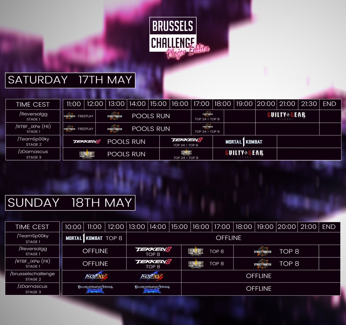Stream schedule available!
Check out what’s happening and when — it’s going to be a packed weekend of high-level action!
🗓️ May 17–18
📺 Don’t miss it!

#brusselschallenge