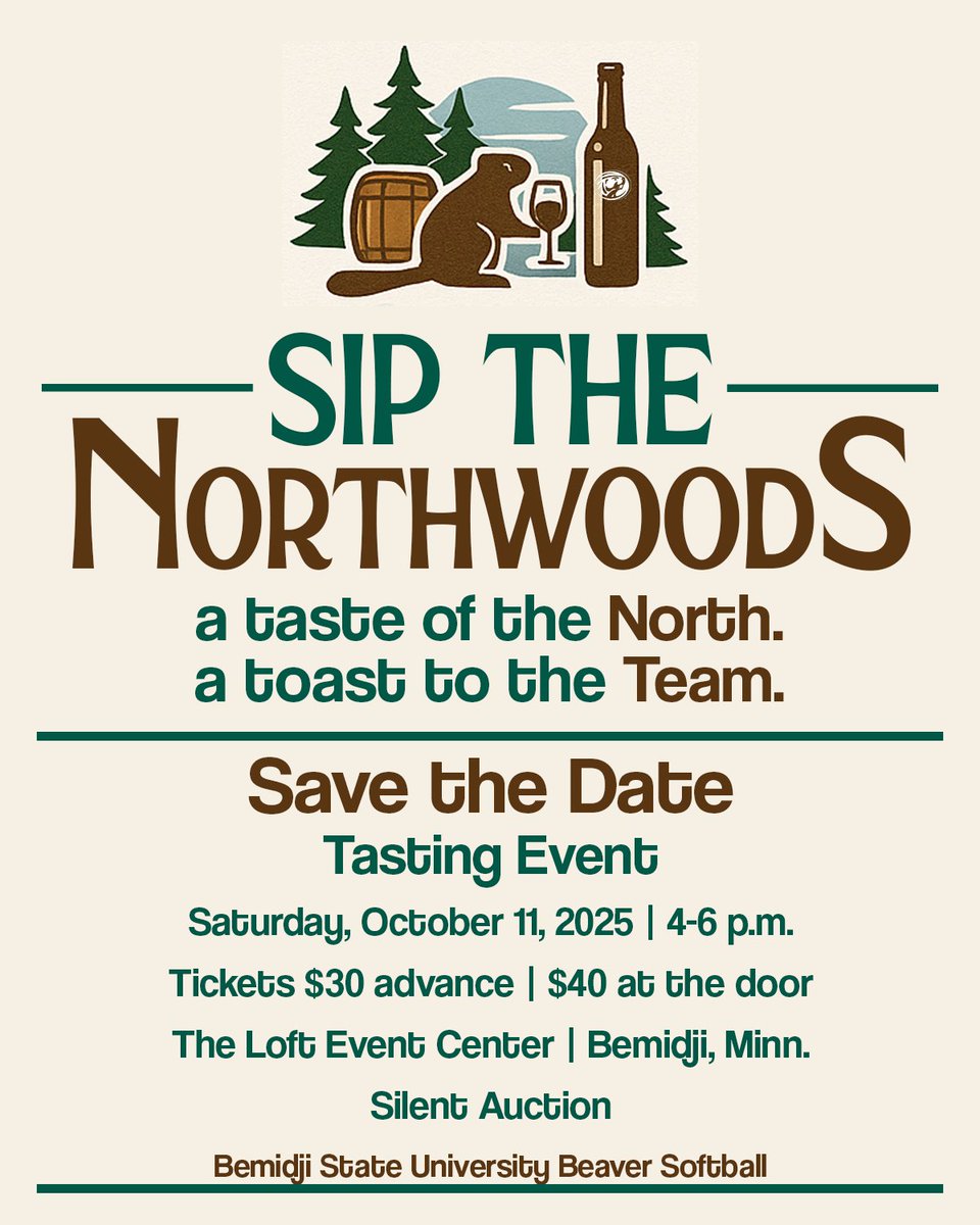 🍺Save the Date🍷

On Oct. 11 we'll be hosting "Sip the Northwoods" a tasting event including local breweries, wineries and more!

Registration will begin this fall, but get it on your calendar now as this is one event you WON'T want to miss!

#GoBeavers #BeaverTerritory
