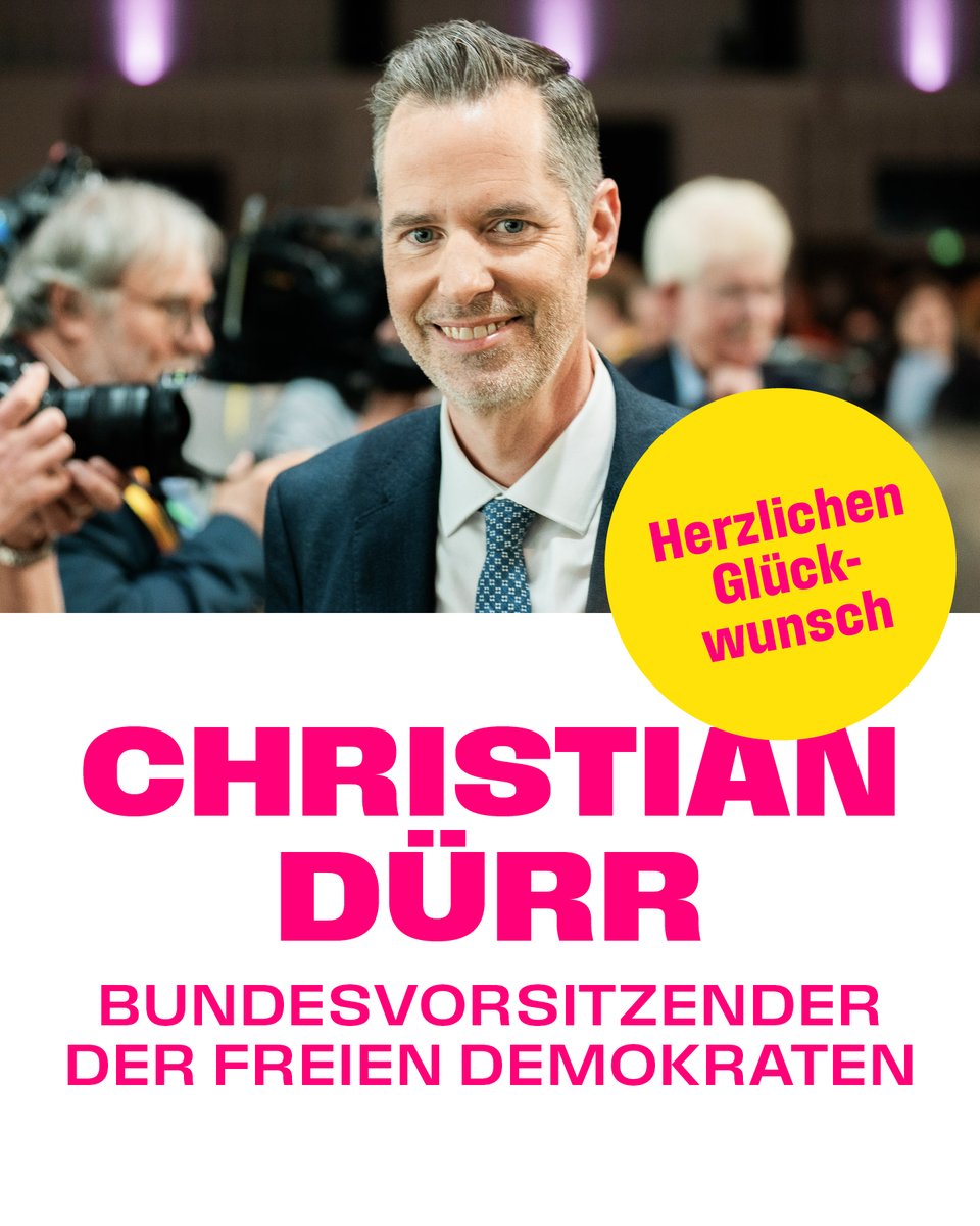 FDP (@fdp) on Twitter photo Das Ergebnis steht fest: <a href="/christianduerr/">Christian Dürr</a> ist mit 82,25% zum neuen Bundesvorsitzenden der Freien Demokraten gewählt worden. 🎉 Herzlichen Glückwunsch! #bpt25 Das Ergebnis steht fest: <a href="/christianduerr/">Christian Dürr</a> ist mit 82,25% zum neuen Bundesvorsitzenden der Freien Demokraten gewählt worden. 🎉 Herzlichen Glückwunsch! #bpt25