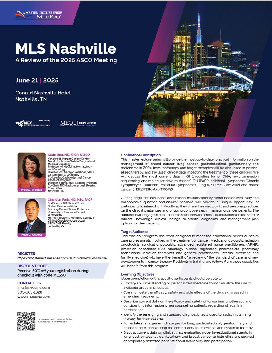 Dr. Cathy Eng (@cathyengmd) on Twitter photo For those that cannot attend the annual @asco meeting.... we have created a local meeting w/my co-chair <a href="/CParkMD/">๐๐ก๐๐ง๐๐ฅ๐๐ซ ๐๐๐ซ๐ค ๐๐ ๐
๐๐๐</a> in #heme and #solidtumors. Join us! <a href="/MMBaljevicMD/">Muhamed Baljeviฤ, MD, FACP</a> <a href="/Kathy_WalshMD/">Kathy Walsh, MD, MAEd</a> <a href="/ChrisCannMD/">Chris Cann, MD</a> <a href="/BGarmezy/">Benjamin Garmezy</a> <a href="/christine_lovly/">Christine Lovly, MD, PhD, FASCO</a>
Date: Sat 6/21/2025
Location: Conrad Hotel #nashville For those that cannot attend the annual @asco meeting.... we have created a local meeting w/my co-chair <a href="/CParkMD/">๐๐ก๐๐ง๐๐ฅ๐๐ซ ๐๐๐ซ๐ค ๐๐ ๐
๐๐๐</a> in #heme and #solidtumors. Join us! <a href="/MMBaljevicMD/">Muhamed Baljeviฤ, MD, FACP</a> <a href="/Kathy_WalshMD/">Kathy Walsh, MD, MAEd</a> <a href="/ChrisCannMD/">Chris Cann, MD</a> <a href="/BGarmezy/">Benjamin Garmezy</a> <a href="/christine_lovly/">Christine Lovly, MD, PhD, FASCO</a>
Date: Sat 6/21/2025
Location: Conrad Hotel #nashville