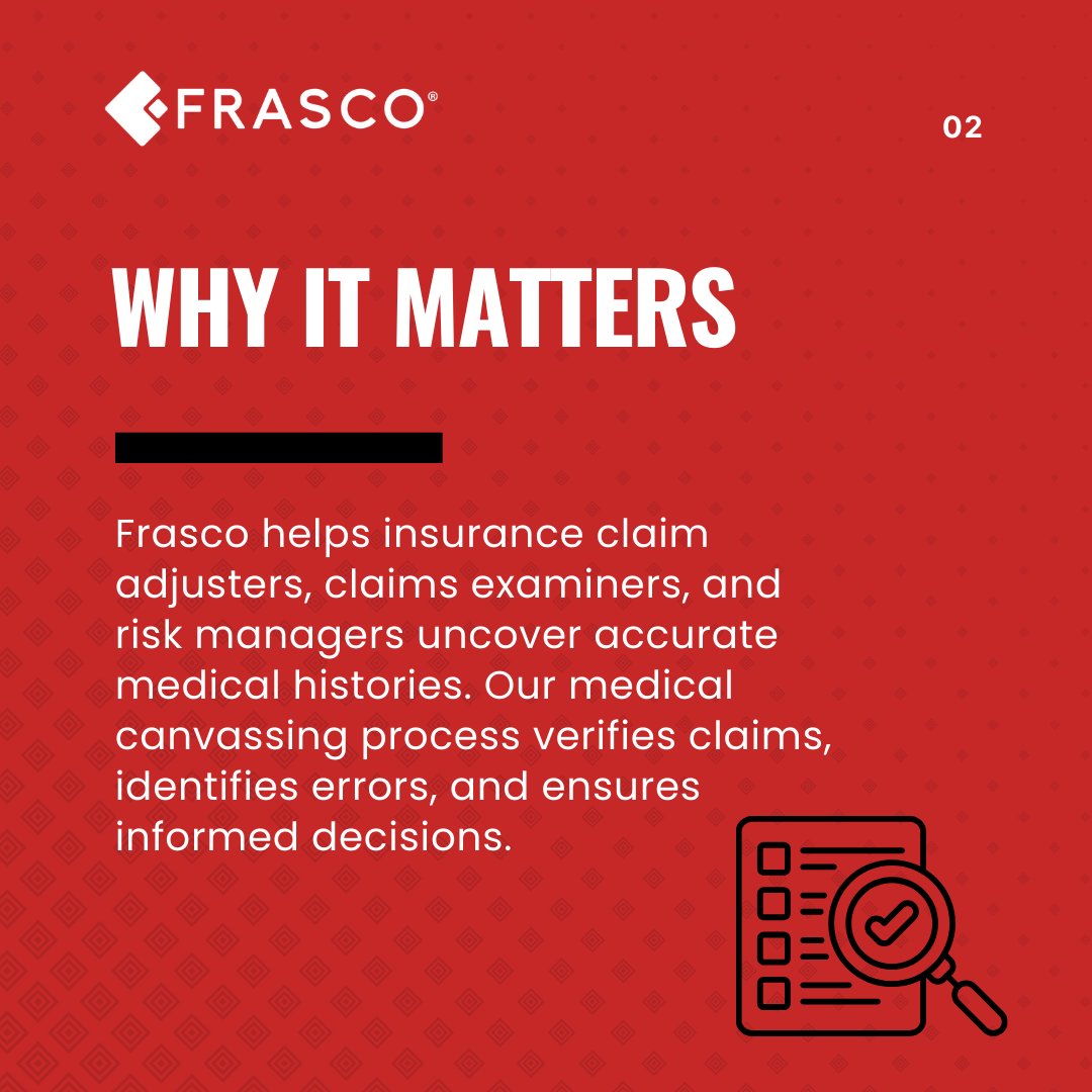 FrascoGroup's tweet photo. At #Frasco, our #MedicalCanvass process verifies medical history by contacting providers directly—helping #ClaimsManagement pros reduce risk and make smarter decisions. https://t.co/87G5NJi8B5