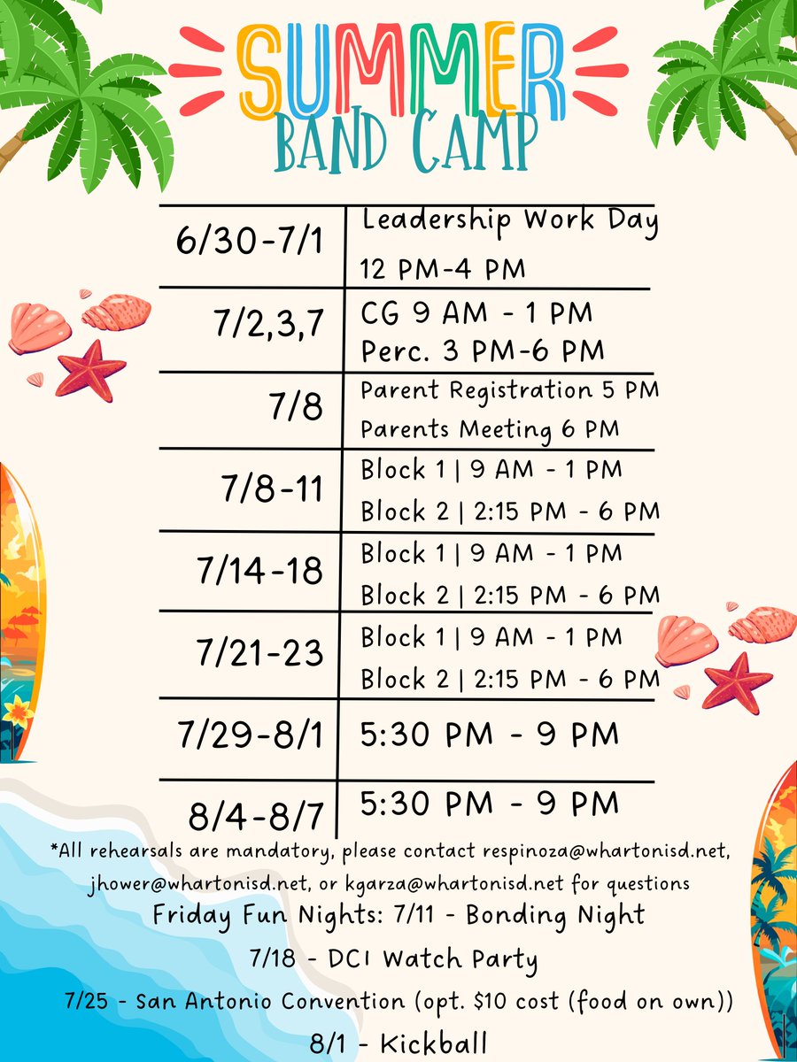 WHS parents, here is the Summer Band Schedule.
