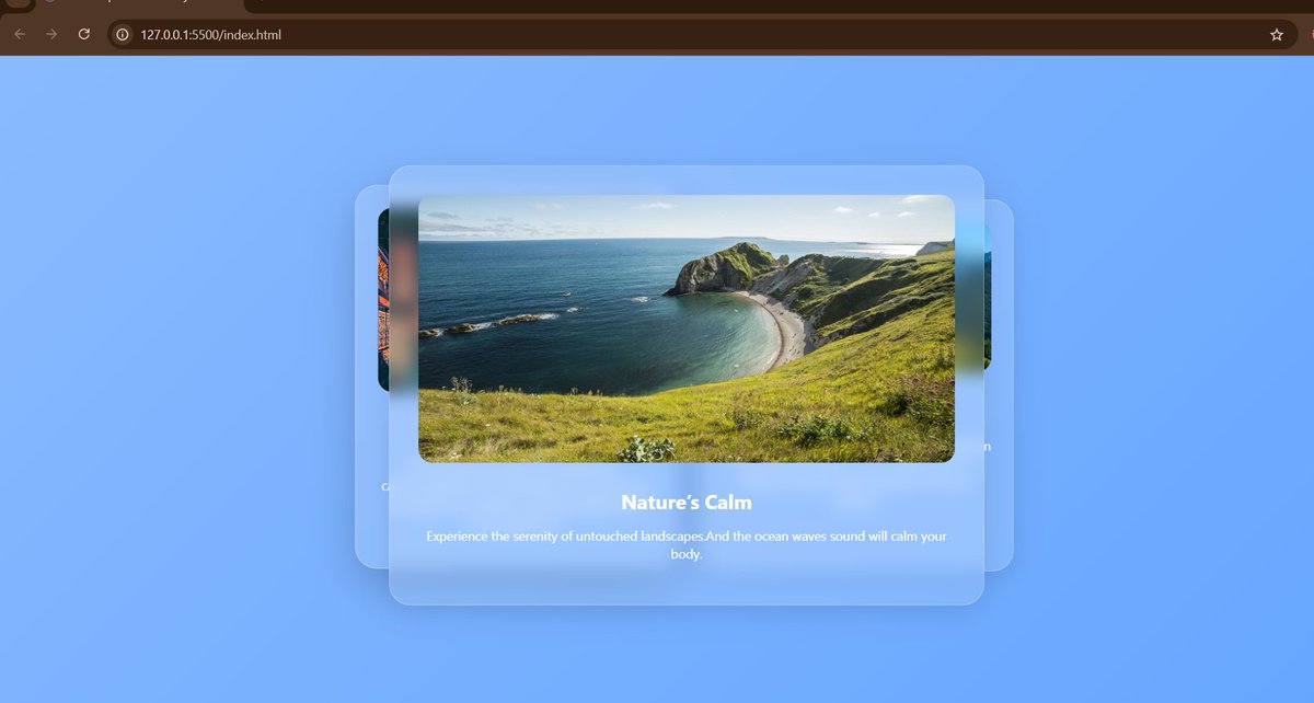 codewithafroj's tweet image. #30NitesOfCode Day 20:
I created a card gallery using html, css and js. As beginner I only put three cards and mine personal fav is Nature&apos;s calm because I like oceans more , And it&apos;s interactive when you try to click on it . It would pop up.
.
.
Happy Coding !!🍀