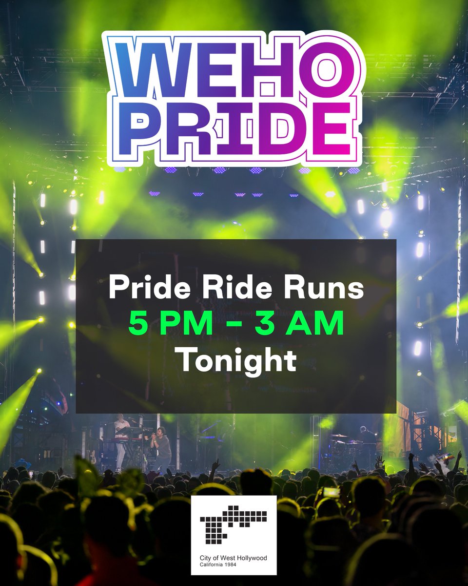 #WEHOPRIDE PRIDE RIDE tips:
1) Download the Pride Ride Route Map at: WeHoPickUp.com
2) The FASTEST WAY IN: board at stop #33 at La Brea on the south side of Santa Monica Blvd &amp; go nonstop to stop #24
3) More info at: wehopride.com
Now go HAVE FUN!
<a href="/WeHoCity/">City of West Hollywood</a>