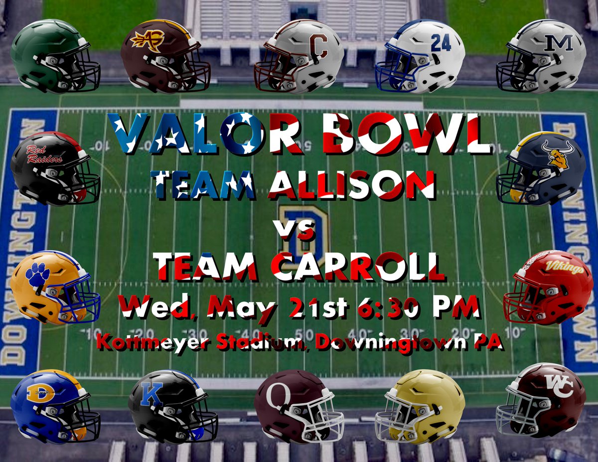 END2008 (@end2008) on Twitter photo ๐บ๐ธ Believe and Achieve Valor Bowl (Chester County)
Team Allison vs Team Carroll
๐
Wednesday, May 21st
โฒ๏ธ 6:30 PM
๐ซKottmeyer Stadium, Downingtown, PA.
<a href="/EPAFootball/">EasternPAFootball</a> <a href="/BadgleyBruce/">Bruce Badgley</a> <a href="/DeanBeersFB/">DeanBeersEPA</a> <a href="/pa_fb_history/">PA Football History</a> <a href="/HSFBamerica/">High School Football America</a> ๐บ๐ธ Believe and Achieve Valor Bowl (Chester County)
Team Allison vs Team Carroll
๐
Wednesday, May 21st
โฒ๏ธ 6:30 PM
๐ซKottmeyer Stadium, Downingtown, PA.
<a href="/EPAFootball/">EasternPAFootball</a> <a href="/BadgleyBruce/">Bruce Badgley</a> <a href="/DeanBeersFB/">DeanBeersEPA</a> <a href="/pa_fb_history/">PA Football History</a> <a href="/HSFBamerica/">High School Football America</a>