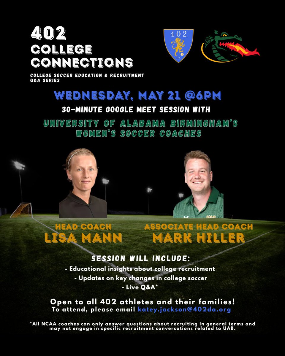 402DA_'s tweet photo. Big Night at 402 Academy!ย โฝ๏ธ๐ฅ
Weโre thrilled to welcome theย UAB Womenโs Soccer Coachesย for an exclusiveย 402 College Connection!
๐Where:ย 402 Academy (Google Meet)
โฐWhen:ย Wednesday, 6:00 PM
๐ฅWho: 402 Academy players + parents
Donโt miss it!
#LincolnsTeam https://t.co/DCDzBMhM56