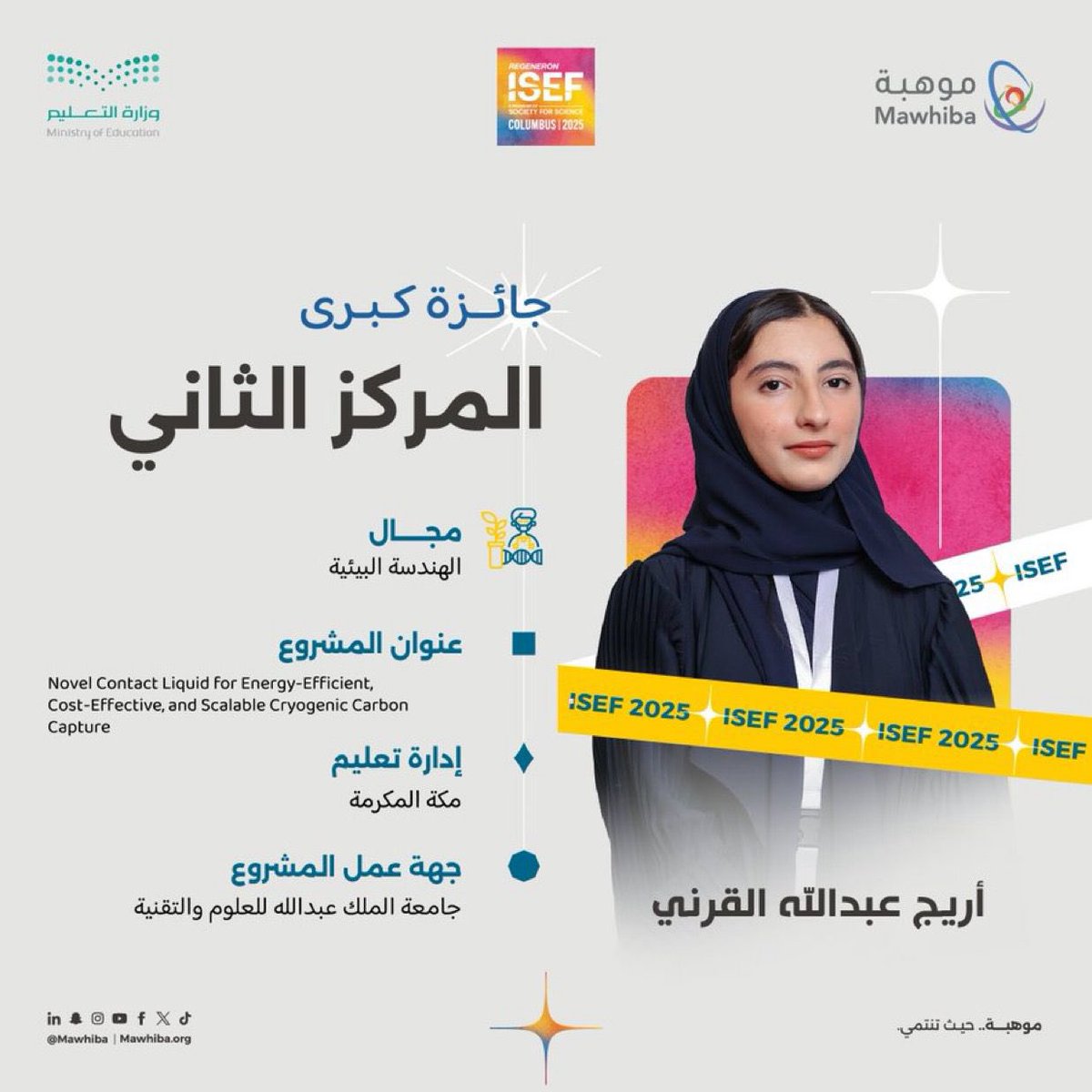 makkahregion's tweet photo. #إنجاز
حصدت الطالبة "أريج عبدالله القرني"
من @MOE_MHC جائزتين في مجال الهندسة البيئية ، خلال مشاركتها في المعرض الدولي للعلوم والهندسة #آيسف_2025. https://t.co/GYxL3JZ35E