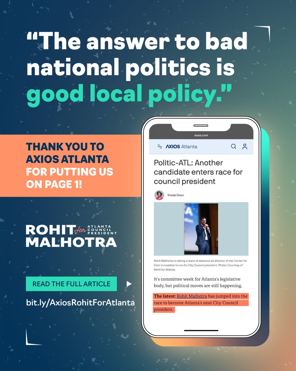 In our first week on the trail, our campaign made the front page of <a href="/axios/">Axios</a>!

Kicking things off with Atlanta’s small business owners, neighborhood leaders, and working families. This is a people-powered run for a public policy seat. 

bit.ly/AxiosRohitForA…