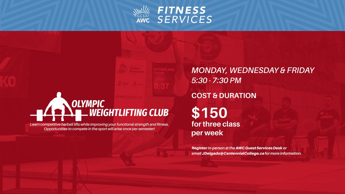 CCSAI (@ccsai) on Twitter photo Do you want to lift like a champion? ๐๏ธโโ๏ธ
Join the Olympic Weightlifting Club and master competitive barbell lifts while leveling up your strength and fitness. ๐ช๐ฅ
Register in person at the AWC Guest Services Desk or email JDelgado@CentennialCollege.ca for details! Do you want to lift like a champion? ๐๏ธโโ๏ธ
Join the Olympic Weightlifting Club and master competitive barbell lifts while leveling up your strength and fitness. ๐ช๐ฅ
Register in person at the AWC Guest Services Desk or email JDelgado@CentennialCollege.ca for details!