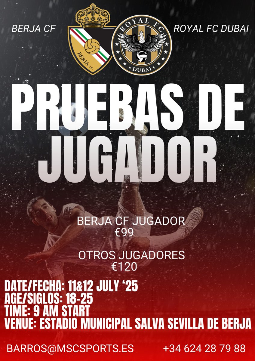 ✒️
El Berja cf  y Royalfc de Dubai , cierran un acuerdo de colaboración para realizar unas pruebas en el Estadio Municipal Salva Sevilla de Berja  , los días 11 y 12 de julio 2025 .

Iremos dando más información.