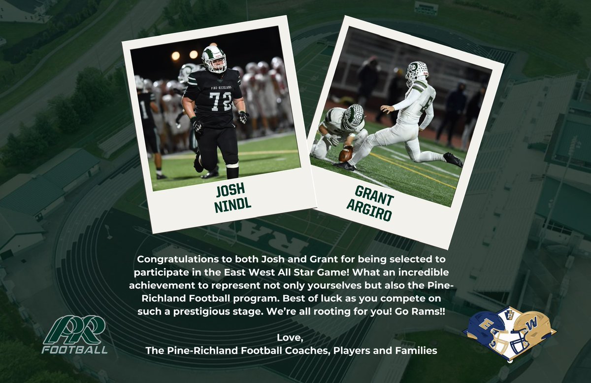 PRRams TDClub (@prramstdclub) on Twitter photo Congrats to <a href="/nindl_joshua/">Joshua Nindl</a> and <a href="/GrantArgiro/">Grant Argiro</a>
They will be representing PR in the prestigious PSFCA East/West (Big School) game which takes place on Sunday! Have fun! Go RAMSπ Congrats to <a href="/nindl_joshua/">Joshua Nindl</a> and <a href="/GrantArgiro/">Grant Argiro</a>
They will be representing PR in the prestigious PSFCA East/West (Big School) game which takes place on Sunday! Have fun! Go RAMSπ