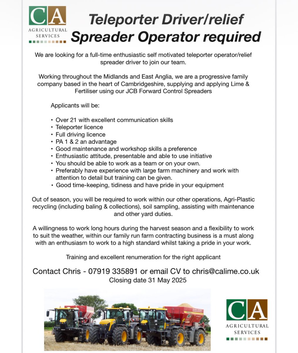 C_A_Lime_Ltd's tweet image. 🚨We have 2 exciting full-time positions available.🚨

1 Foreman/skilled spreader operator,
1 Teleporter operator/relief spreader operator 

Please share, far and wide.

#farming #spreading #jobs