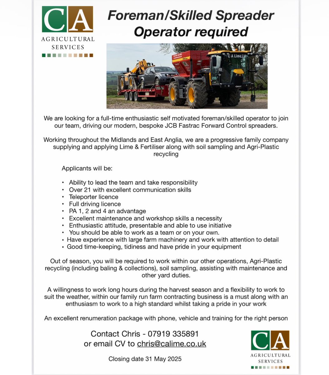 🚨We have 2 exciting full-time positions available.🚨

1 Foreman/skilled spreader operator,
1 Teleporter operator/relief spreader operator 

Please share, far and wide.

#farming #spreading #jobs