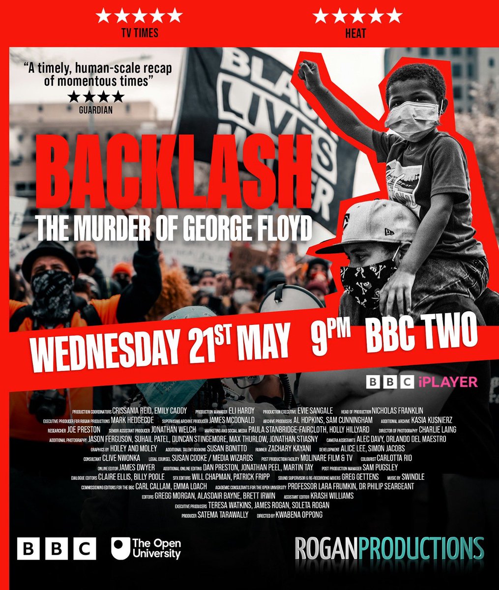 Five years since the murder of #GeorgeFloyd,  #BACKLASH: The Murder of George Floyd  will be broadcast on Wednesday 21st May at 9pm on BBC Two. 

The film will also land on @bbciplayer on the same day.