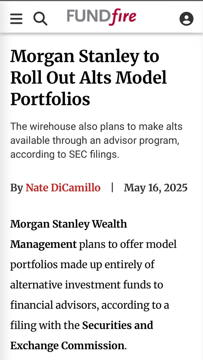 Nate_DiCamillo's tweet photo. Scoop in the @FT 's @FundFire: Morgan Stanley is rolling out alts-only model portfolios and prepping to offer alts in its rep-as-advisor program. SEC records reveal the wirehouse's next move in pushing private investments down market. https://t.co/O3tn4xnYKD