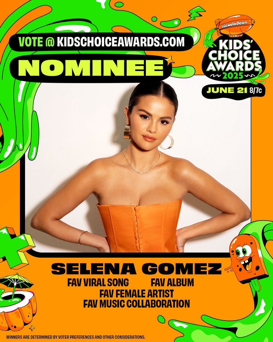 Selena is nominated for four <a href="/Nickelodeon/">Nickelodeon</a> Kid’s Choice Awards!  #KCA

🧡 Favorite Viral Song - Bluest Flame
🧡 Favorite Album - I Said I Love You First
🧡 Favorite Female Artist
🧡 Favorite Music Collaboration - Call Me When You Break Up

Voting is open until June