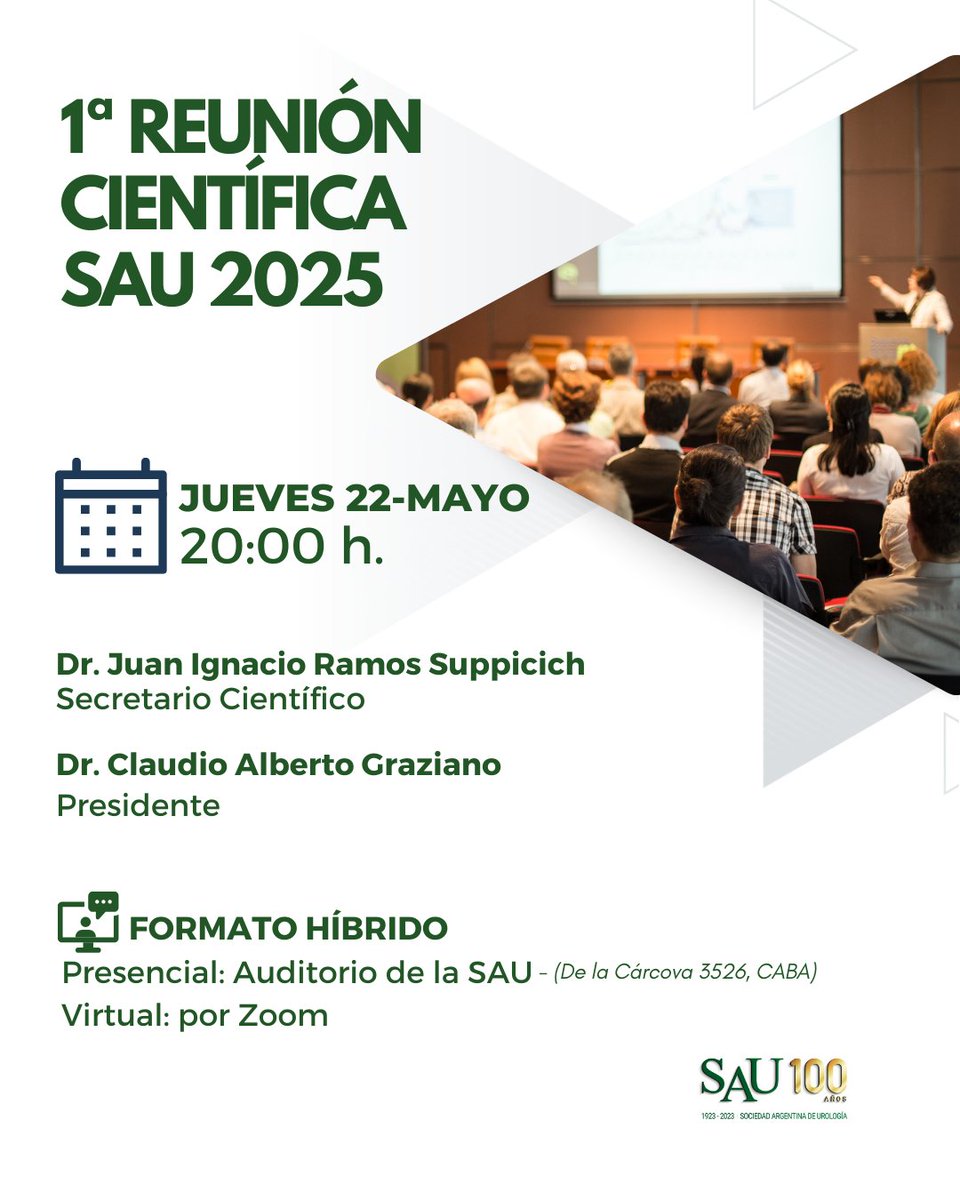 Primera reunión científica SAU 2025

📅 Jueves 22 de mayo | 20 h
📍 Formato híbrido: presencial en la SAU y virtual por Zoom

Nos reencontramos en un espacio dedicado a la formación, el intercambio y la actualización científica en urología.
#SAU2025 #ReuniónCientífica