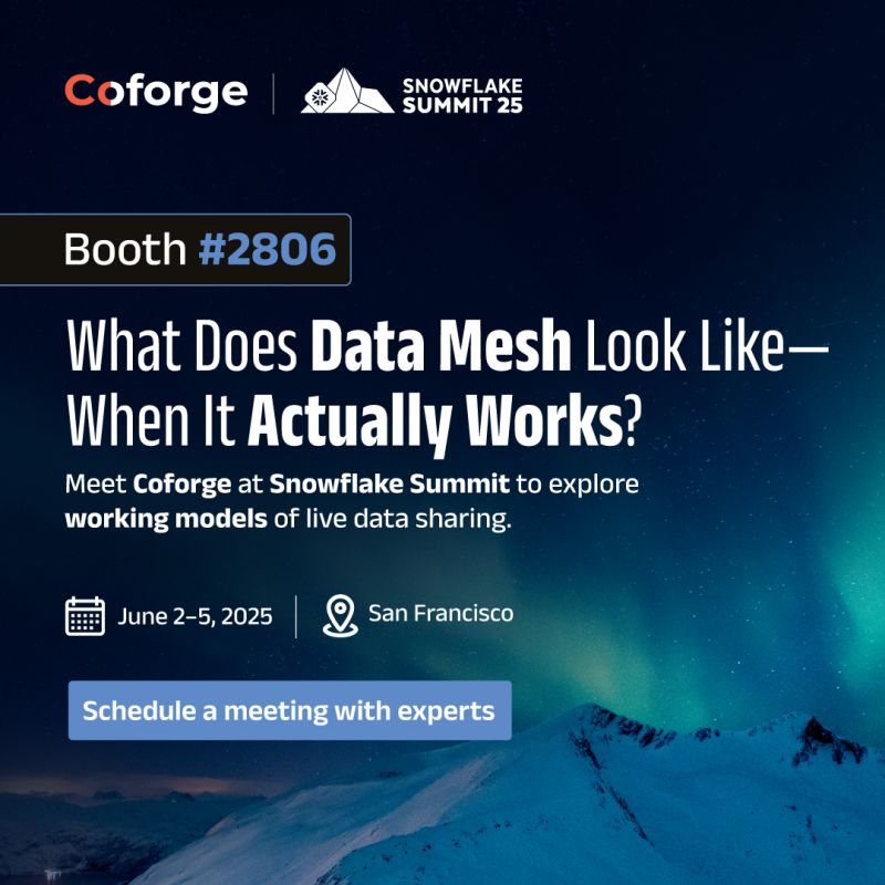 Data Mesh succeeds only when live sharing, domain ownership, and scalable governance work in sync.

At <a href="/Snowflake/">Snowflake</a>  Summit, Coforge reveals what that looks like—at scale.

📍 Booth 2806 | June 2–5

Schedule a meeting with our experts: connect.coforge.com/coforge-at-the…

#SnowflakeSummit