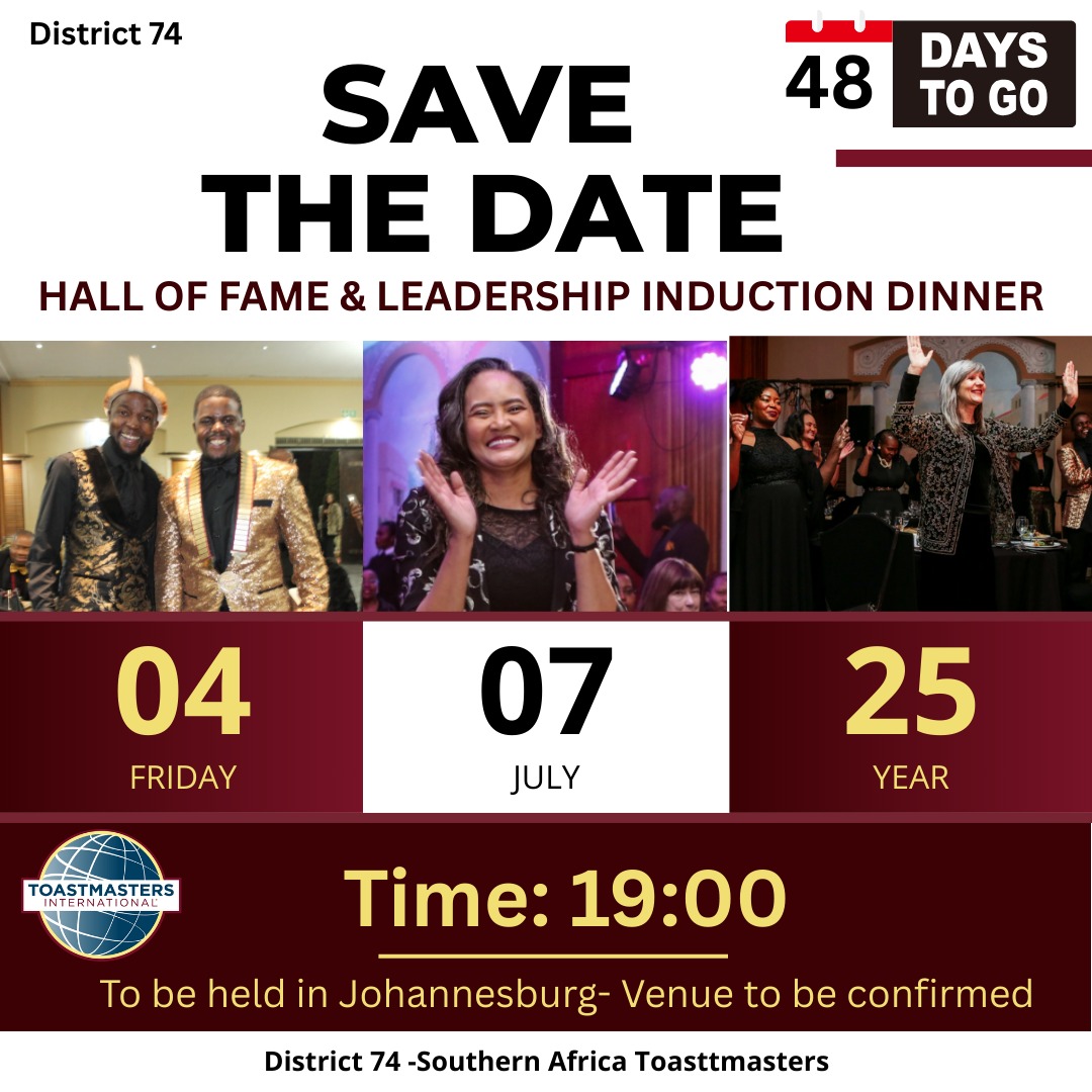 Time is ticking, and the stage is set! 
Join us for an inspiring night of  camaraderie and celebration as we welcome the new district leaders and toast to growth!  
Secure your spot today at
RSVP:linktr.ee/toastmasters74

#District74
#inductiondinner
#savethedate
#toastmasters