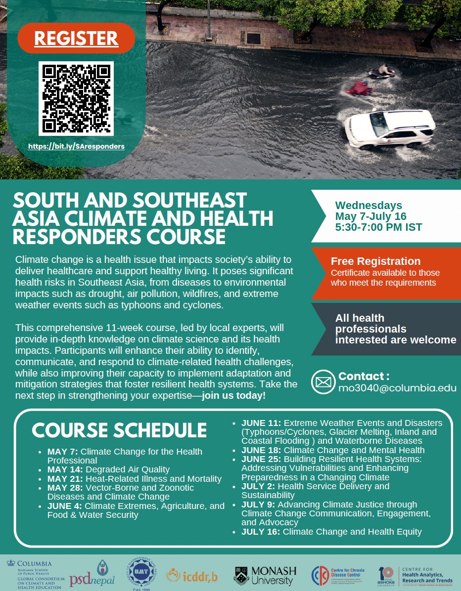 South and Southeast Asia Climate and Health Responders Course - FREE certificate course 

I hope to see you all on May 28, Session 4: Vector-Borne and Zoonotic Diseases and Climate Change! 

You will be hearing a real case from Nepal!

Ref : publichealth.columbia.edu/research/progr…

<a href="/Columbia/">Columbia University</a>