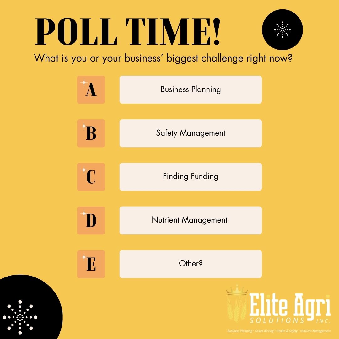 Every business faces hurdles—but what’s your biggest one right now?
👇 Drop your letter (A–E) in the comments and let us know:

A) Business Planning
B) Safety Management
C) Finding Funding
D) Nutrient Management
E) Other? (Tell us!)

Your input helps us serve you better!