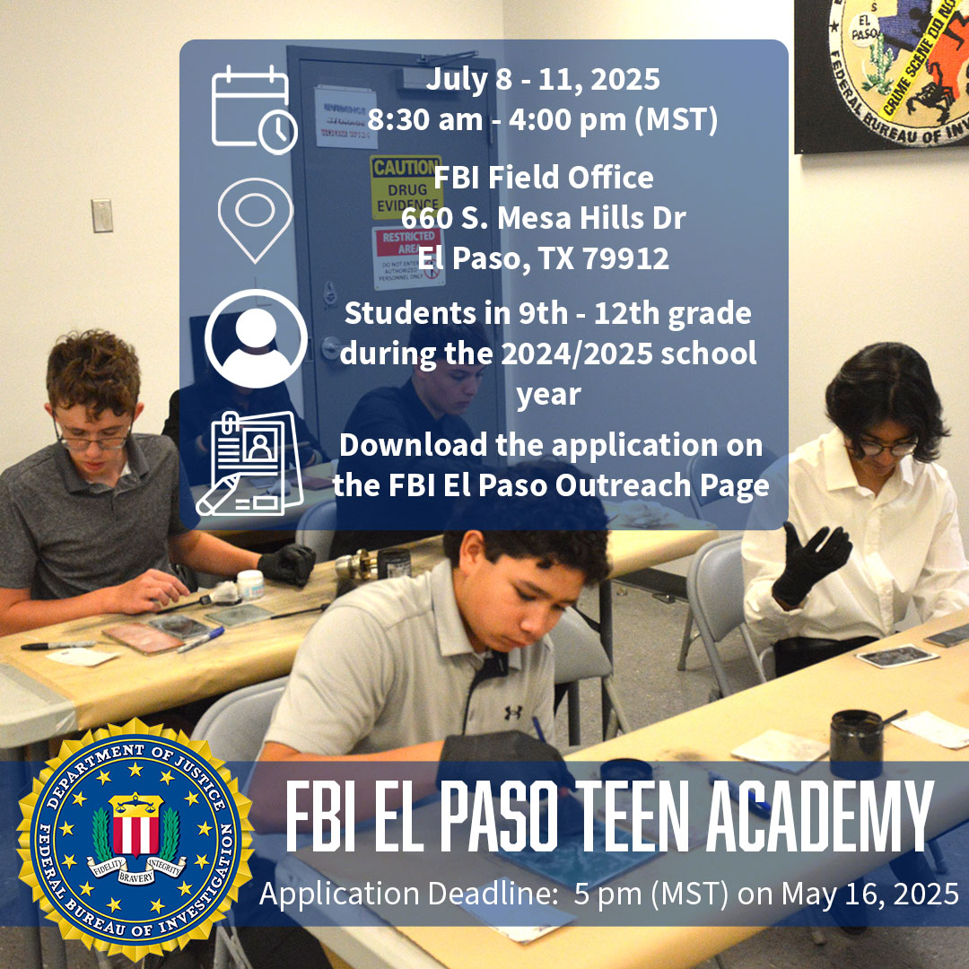 FBIElPaso's tweet image. The #FBIEP #TeenAcademy application closes TODAY! Submit your application and essay by Close of Business today!

It's a great way to meet other teens and learn about law enforcement!

For more information and to download the application, visit FBI.gov/EPOutreach
