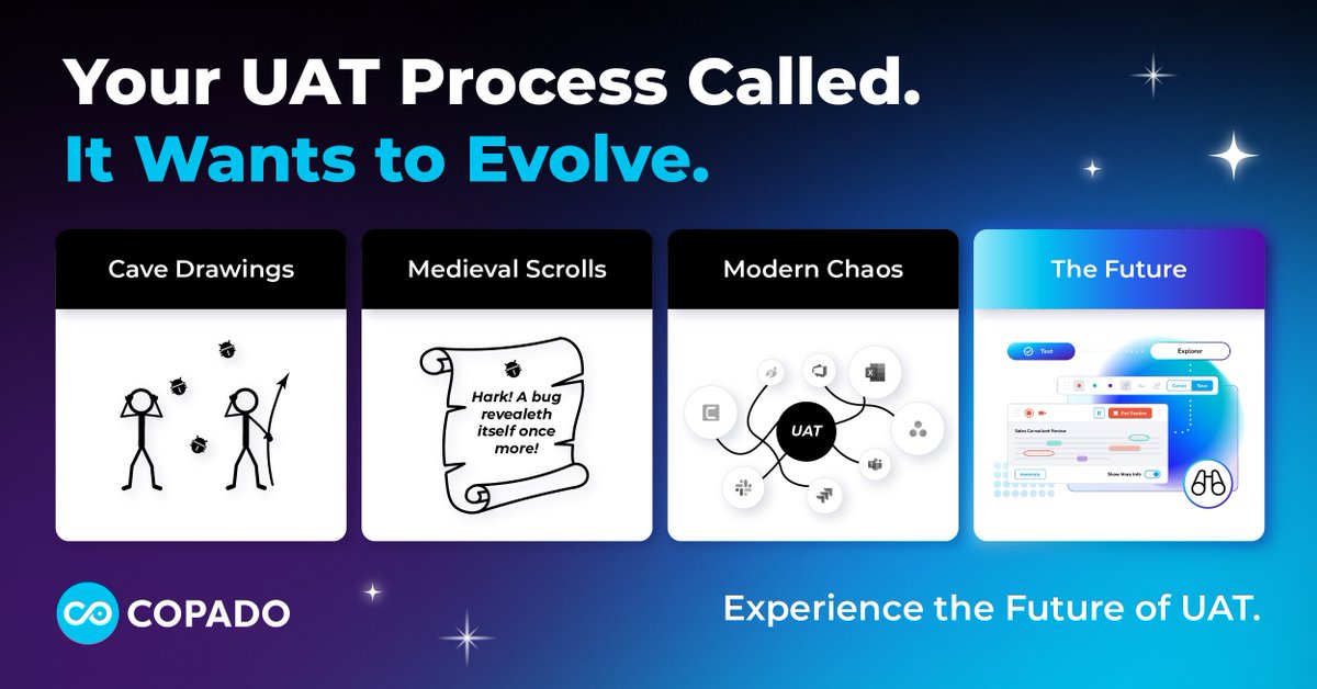 CopadoSolutions's tweet photo. Your UAT process called. It’s done with sticky notes, scrolls of bugs, and tribal knowledge.
Time to evolve.
See the next generation of UAT → https://t.co/lSehkf99kN
#Copado #UAT #CopadoExplorer #DevOps #TestingDoneRight https://t.co/ykNAwW9KwZ