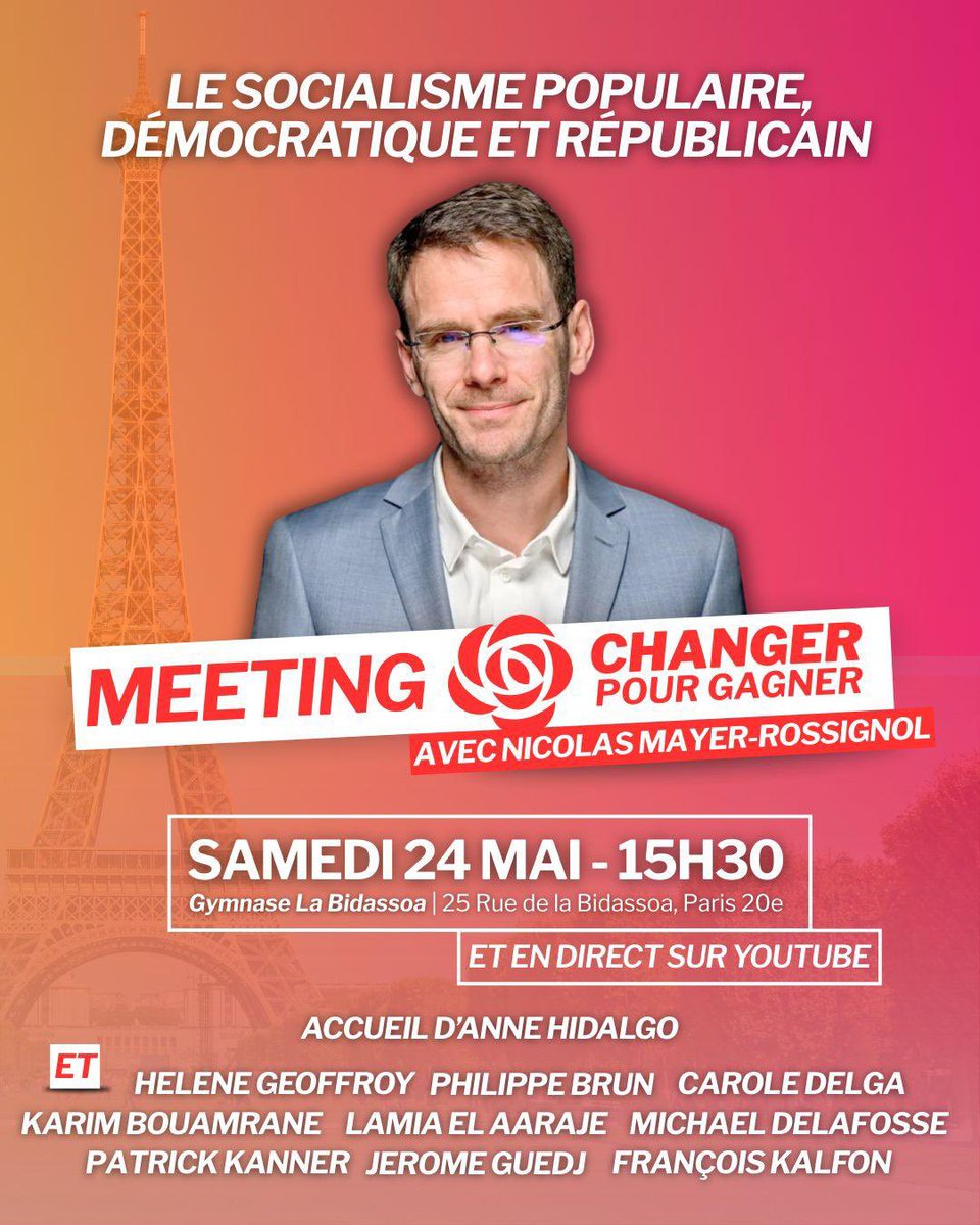 🗓️Rendez-vous samedi 24 mai prochain à 15:30, autour de <a href="/NicolasMayerNMR/">Nicolas Mayer-Rossignol</a>, pour notre grand meeting : pour un socialisme populaire, démocratique et républicain !

📍Gymnase de la Bidassoa - 25 rue de la Bidassoa, Ⓜ️ Gambetta