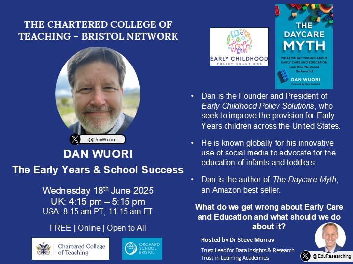 EduResearching's tweet image. PLEASE RT:
@DanWuori - The Early Years & School Success
Free @CharteredColl online talk & open to all! Wednesday 18th June, 4:15pm
(USA: 8:15am PT; 11:15am ET)
Sign up here: eventbrite.co.uk/e/dan-wuori-th…
#edutwitter #teaching #CPD #research #EarlyYears #EYFS