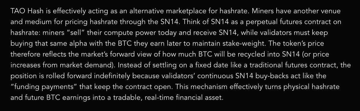 markjeffrey's tweet image. This @MessariCrypto report on @TAOHash is A+.

- Bitcoin miners sell hash rate to TAOHash. 
   - They get paid in SN14 tokens
   - ... worth about half what the raw BTC they would have made
   - So yes, they&apos;re betting on SN14 appreciation
   - Is this a good bet? Well:

-…