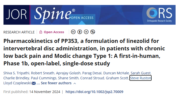 Nazir Khan (@nazirkhan1) on Twitter photo New in @JORSpine: First-in-human study shows intradiscal linezolid (PP353) is safe & achieves sustained bactericidal levels in Modic Type 1 patients.
A step toward targeted antibiotic therapy for disc-related back pain.
🔗 doi.org/10.1002/jsp2.7…
<a href="/ORSsociety/">Orthopaedic Research Society</a> #JORSpine #ORSSMC New in @JORSpine: First-in-human study shows intradiscal linezolid (PP353) is safe & achieves sustained bactericidal levels in Modic Type 1 patients.
A step toward targeted antibiotic therapy for disc-related back pain.
🔗 doi.org/10.1002/jsp2.7…
<a href="/ORSsociety/">Orthopaedic Research Society</a> #JORSpine #ORSSMC