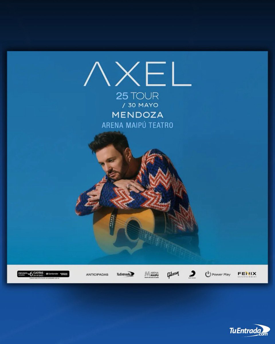 AXEL llega a Mendoza ⛰️✨

• Cada vez falta menos para una noche única disfrutando sus mejores canciones 💫

📍 <a href="/ArenaMaipu/">Arena Maipú</a> 
📅 Viernes 30 Mayo • 22hs
🎟️ Últimas entradas en tuentrada.com

<a href="/AxelOficial/">Axel</a> #axel #mendoza