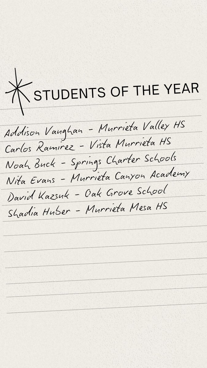 Congratulations <a href="/CityOfMurrieta/">City of Murrieta</a> <a href="/MMWCoC/">MW Chamber</a> Students of The Year!! <a href="/MurrietaUSD/">MurrietaUSD</a> 🎉👏✨