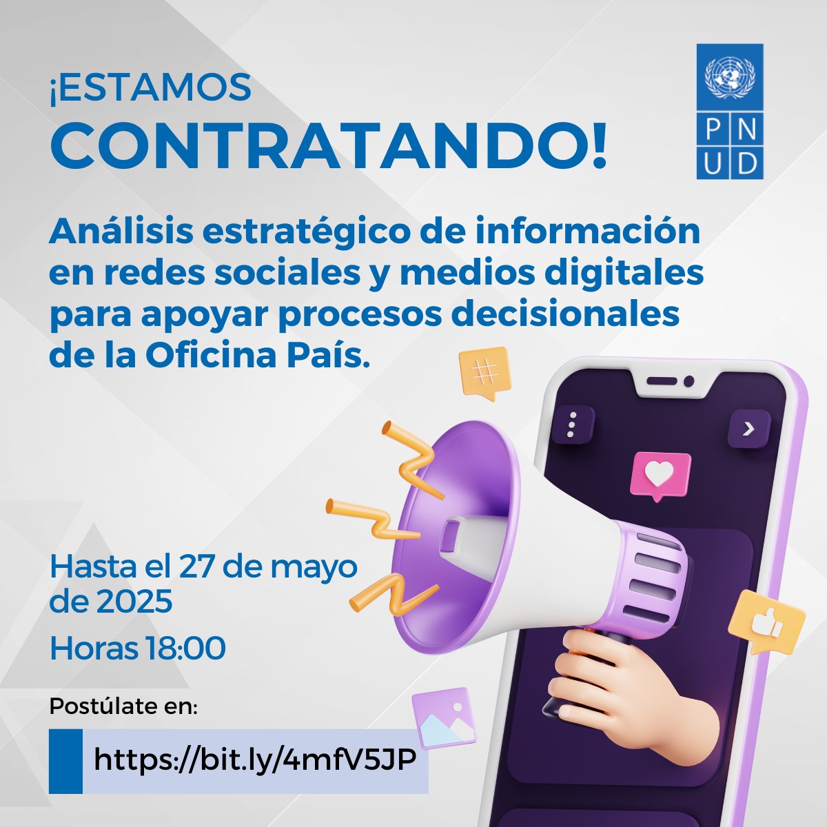 PNUDBolivia's tweet photo. #Convocatoria abierta 📢
El #PNUDBolivia requiere la contratación de una empresa para llevar acabo el análisis estratégico de información en redes sociales/medios digitales

📆 Hasta: 27/05/2025 – 18:00 hrs
📝 Más info: https://t.co/ROZQ8KiGch

#OportunidadesONU https://t.co/n1kkRhMyjw