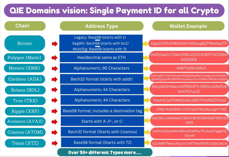 Tired of juggling dozens of wallet addresses? 🤯

With QIE Domains, 1 name = all your crypto ✅

• One Payment ID for BTC, ETH, SOL, ADA &amp; 50+ chains.
• Single sign-on to exchanges &amp; dApps
• No repetitive KYC or passwords
• Travel Rule ready 🔒
• Detect fraud &amp; bots easily