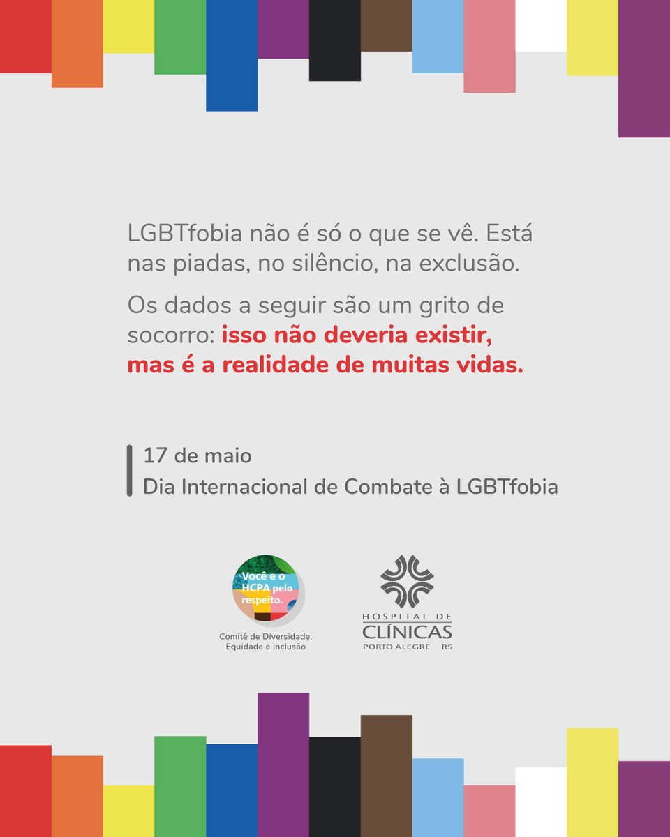 HCPA_'s tweet image. Você sabia que, só no Brasil, em média 22 pessoas LGBTQIAPN+ são vítimas de violência por dia? O dado do Atlas da Violência 2024 mostra que a discriminação é uma realidade dolorosa. Combater a LGBTfobia é responsabilidade de todas e todos.

#HCPAevocêpelorespeito