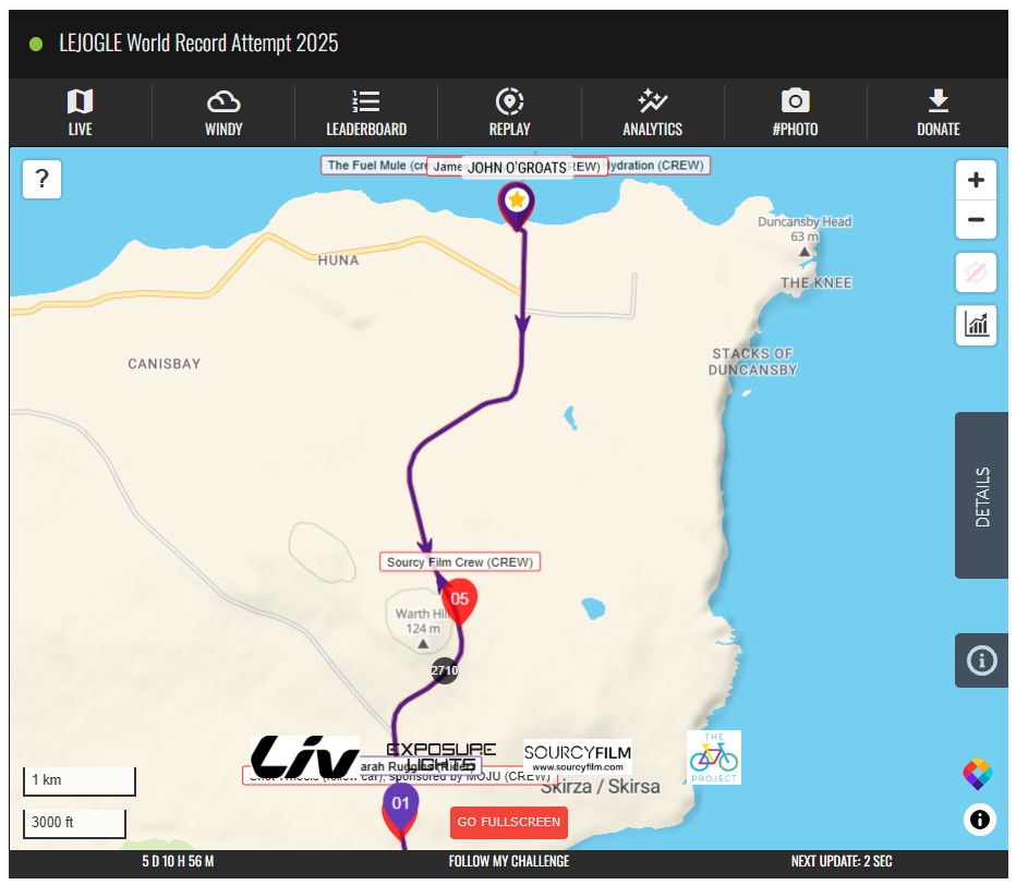 Totally off topic:

Approaching John O'Groats right now is Sarah Ruggins: finishing her cycle trip to Land's End and back, smashing the world record.

She's over EIGHT HOURS faster than the record so it will be deservedly hers in just a few minutes' time.

ABSOLUTE SCENES!!