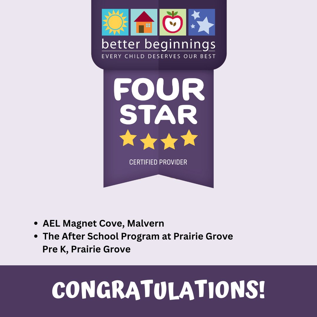 archildcare's tweet photo. 🎉 Big congrats to AEL Magnet Cove in Malvern and the After School Program at Prairie Grove Pre K for earning a 4-star rating! 

Ready to improve your rating? Start here: https://t.co/3Sq37a9Hrb 

#BetterBeginnings #4StarProvider #QualityEarlyEducation #ChildCareExcellence https://t.co/bCF1dgHRGw
