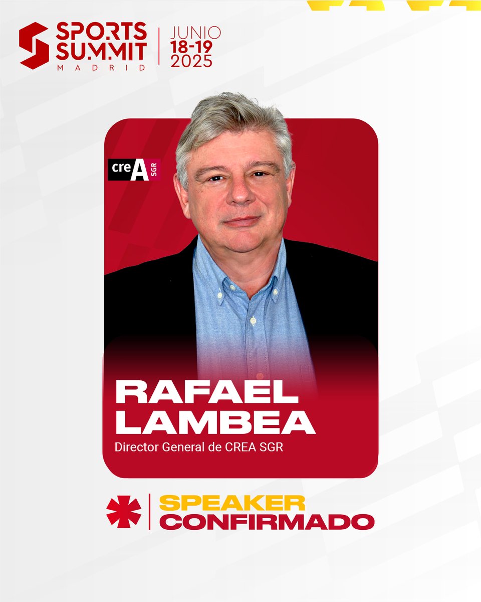 💼 Rafael Lambea, CEO of <a href="/CREASGR/">CREA SGR</a>, will join #SSM25 to share insights on finance &amp; innovation in the sports ecosystem. As a key expert in SME funding, he's helped position CREA SGR as a leading financial ally for Spain's cultural &amp; sports sectors. 📍 See you at IFEMA Madrid!