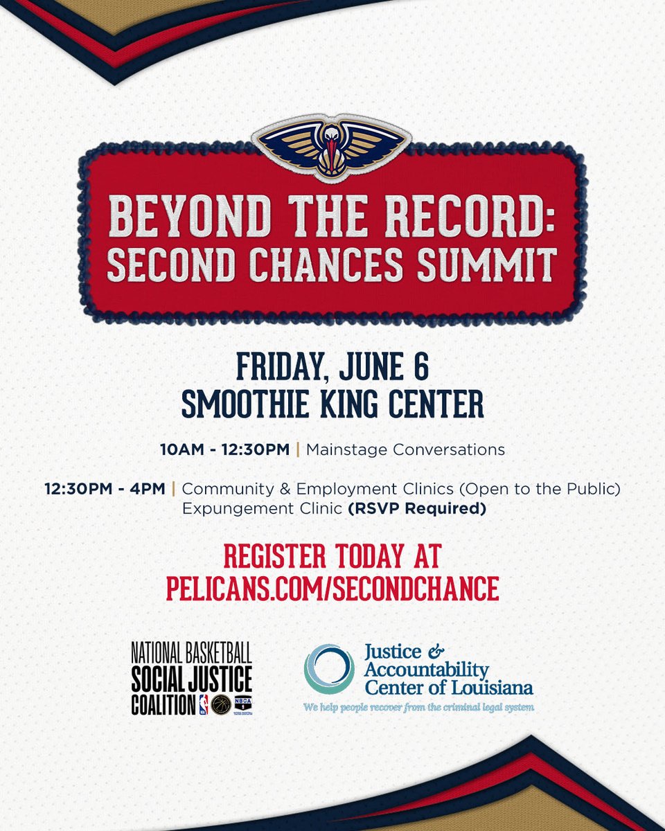 New Orleans Pelicans (@pelicansnba) on Twitter photo Please join us at the <a href="/SmoothieKingCtr/">Smoothie King Center</a> on June 6 for a day of action promoting second chances, economic mobility, and restorative justice, featuring panels, fireside chats, an expungement clinic, and community resources! Pelicans.com/secondchance Please join us at the <a href="/SmoothieKingCtr/">Smoothie King Center</a> on June 6 for a day of action promoting second chances, economic mobility, and restorative justice, featuring panels, fireside chats, an expungement clinic, and community resources! Pelicans.com/secondchance