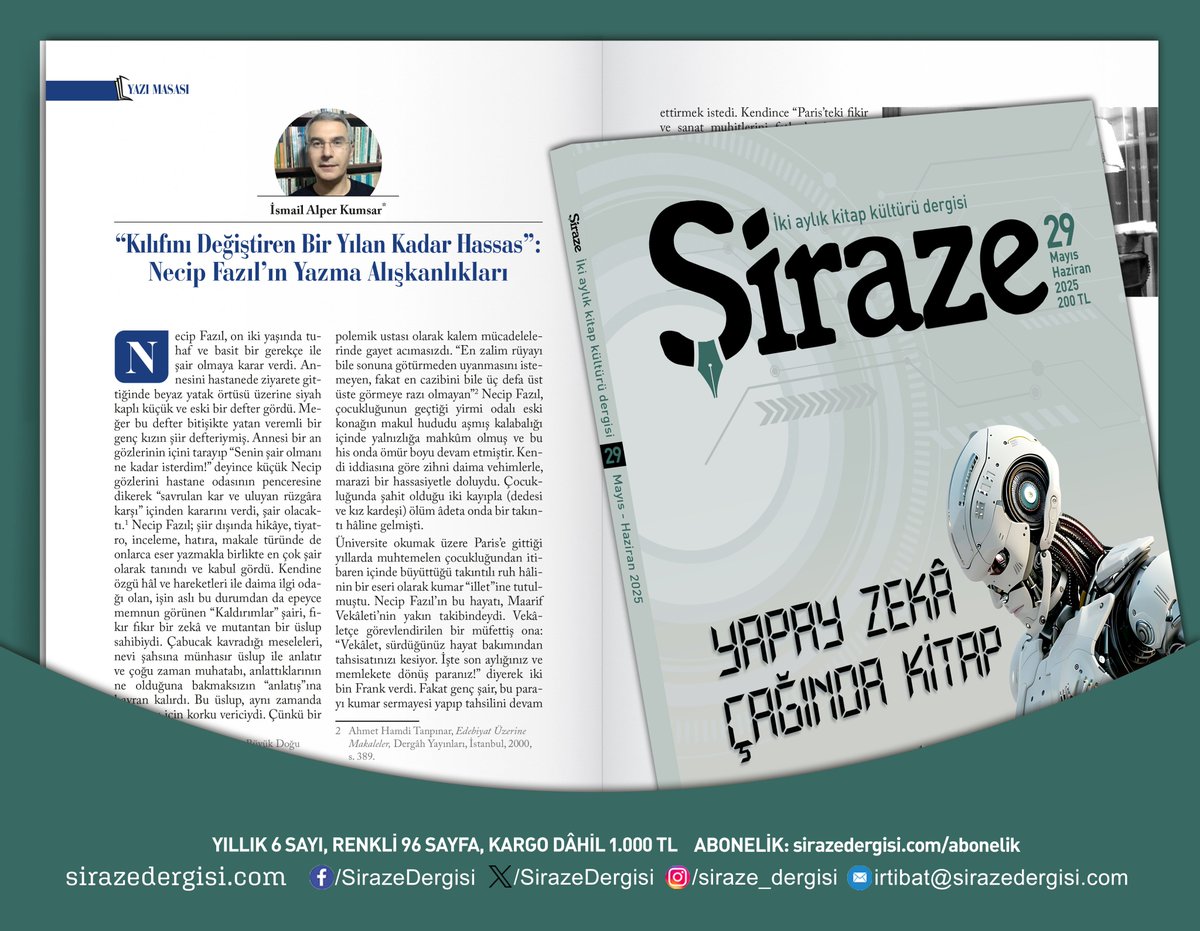 #Şiraze'nin 29. sayısında Doç. Dr. İsmail Alper Kumsar, Necip Fazıl Kısakürek'in yazarlığının dikkat çeken yönlerini araştırıp kaleme aldı.

Abonelik: sirazedergisi.com/abonelik
Temin: sirazedergisi.com/temin