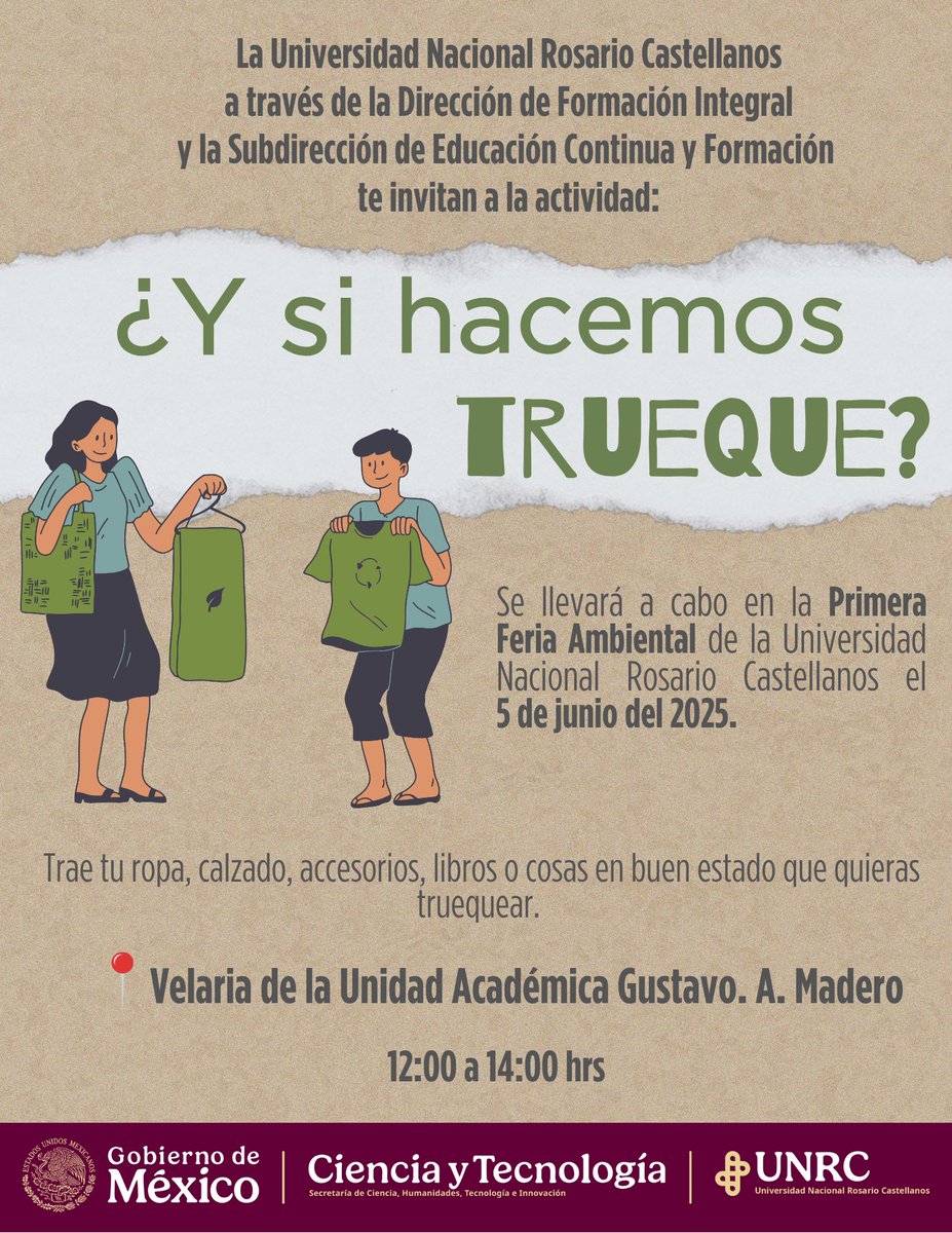 UNRCastellanos's tweet photo. 👚 ¿Tienes ropa, libros o accesorios en buen estado que ya no usas? ¡Dales una segunda vida! ♻️
Te invitamos a participar en la actividad ¿Y si hacemos trueque?, en el marco de la Primera #FeriaAmbientalUNRC. 💚
#TruequeAmbiental
#SomosRosarioCastellanos https://t.co/KsUJgwItwE