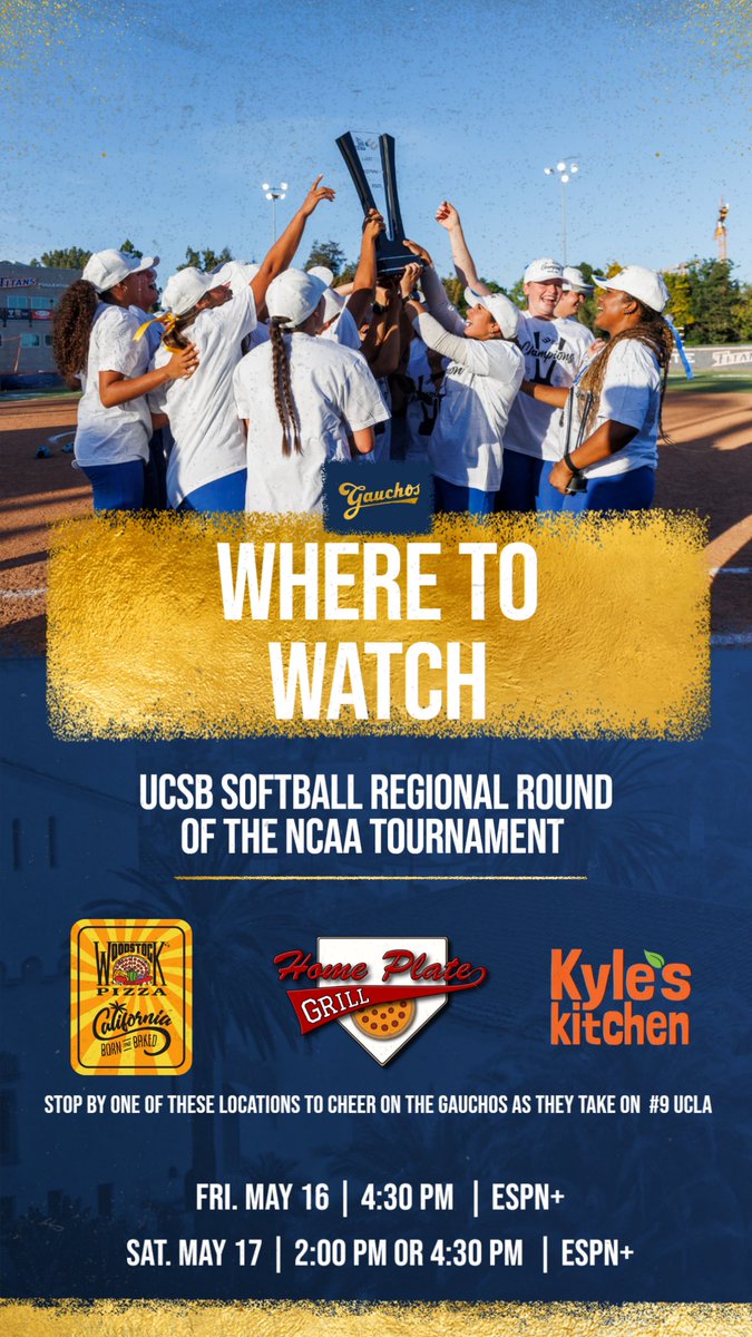 Don't forget to stop by Woodstocks Pizza, Home Plate Grill or Kyle's Kitchen today to watch the Gauchos take on #9 UCLA in the Opening Round of the Los Angeles Regional!

#GoGauchos