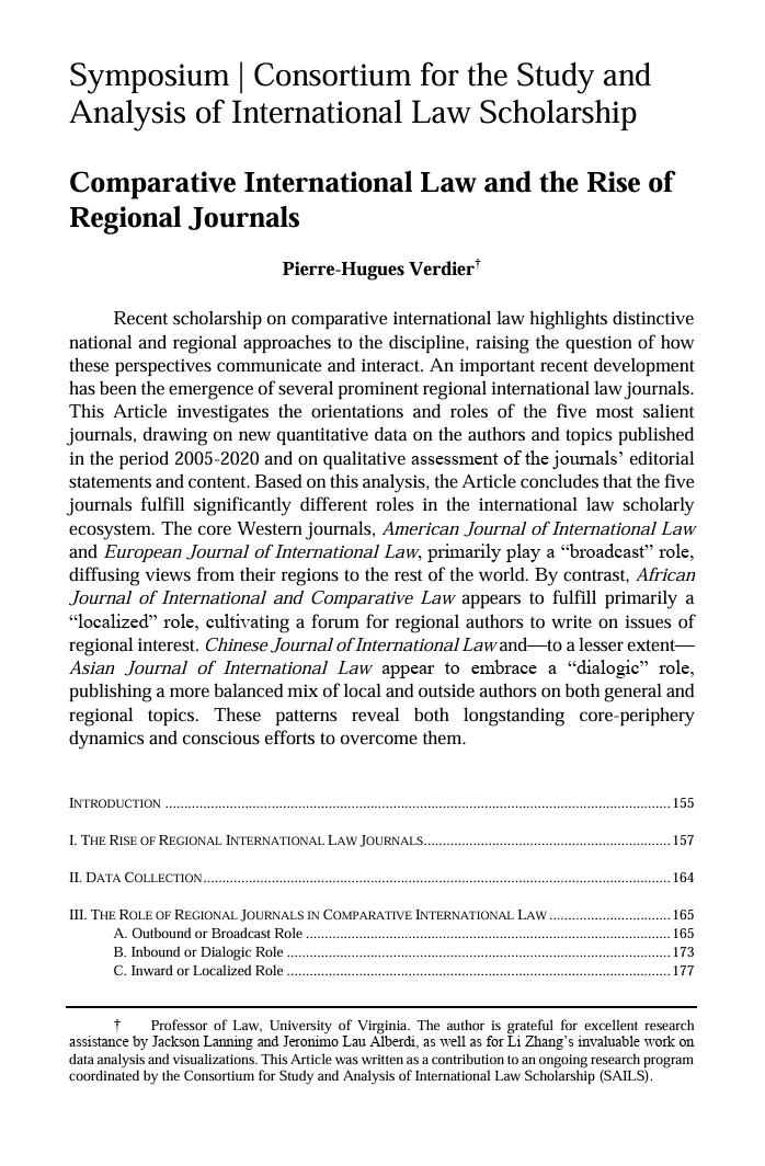 Jeronimo Lau Alberdi (@jlaualberdi) on Twitter photo Great piece by Pierre-Hugues Verdier (<a href="/UVALaw/">UVA Law School</a>) in The Yale Journal of International Law.
Drawing on original empirical data, it reveals how regional international law journals adopt distinct roles—some broadcast regional perspectives globally, others (...) Great piece by Pierre-Hugues Verdier (<a href="/UVALaw/">UVA Law School</a>) in The Yale Journal of International Law.
Drawing on original empirical data, it reveals how regional international law journals adopt distinct roles—some broadcast regional perspectives globally, others (...)