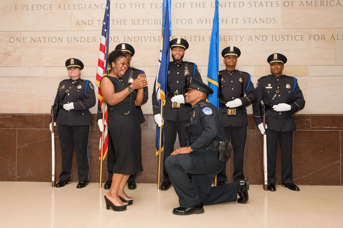 CapitolPolice's tweet image. She said YES! Congratulations to one of our recruits who proposed to his girlfriend, after the new officer was sworn into the United States Capitol Police family. What a day! 💍