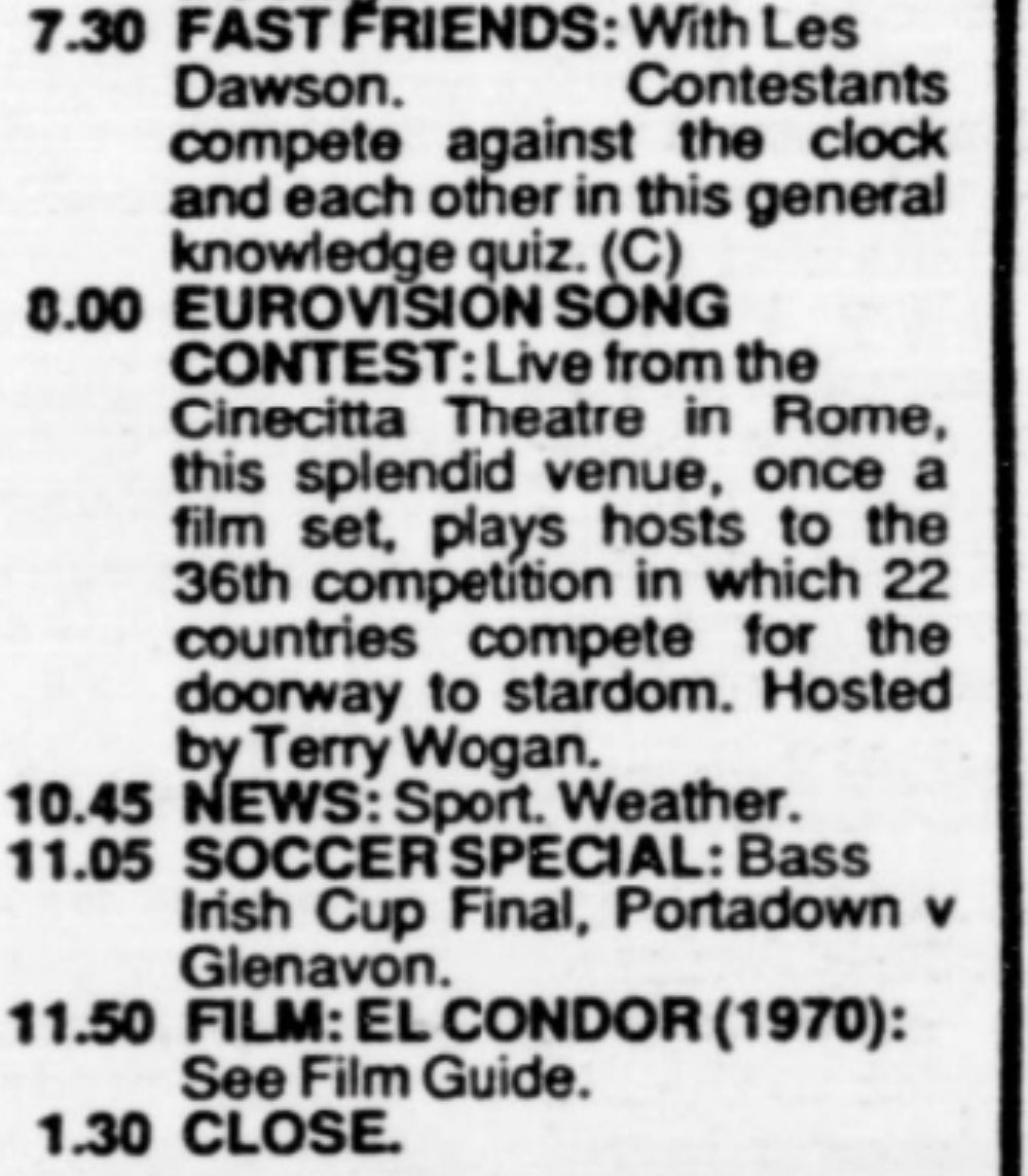 4th May 1991 and after the Eurovision Song Contest we had something special on BBC1, Soccer Special, The Bass Irish Cup Final <a href="/Portadownfc/">Portadown FC</a> v <a href="/Glenavon_FC/">Glenavon FC</a>