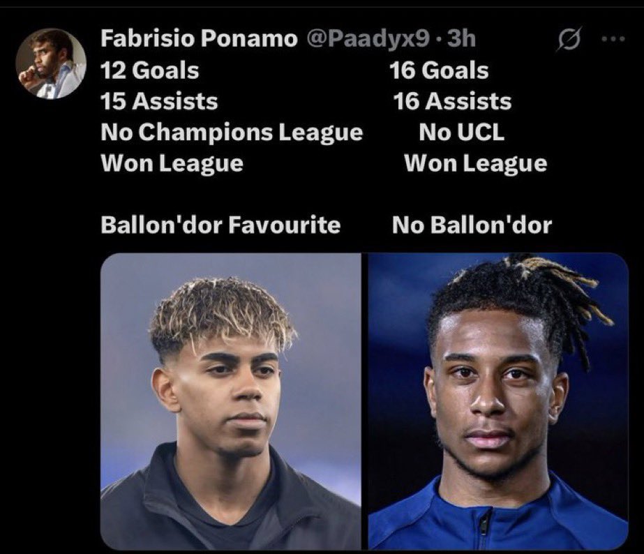 slimfromthe6__'s tweet photo. Yamal fait même pas une meilleure saison que Olise mais ça veut nous faire croire qu’il est favori au Ballon d’Or devant Dembele mdrrrrrrr https://t.co/PaEEyWpmpp