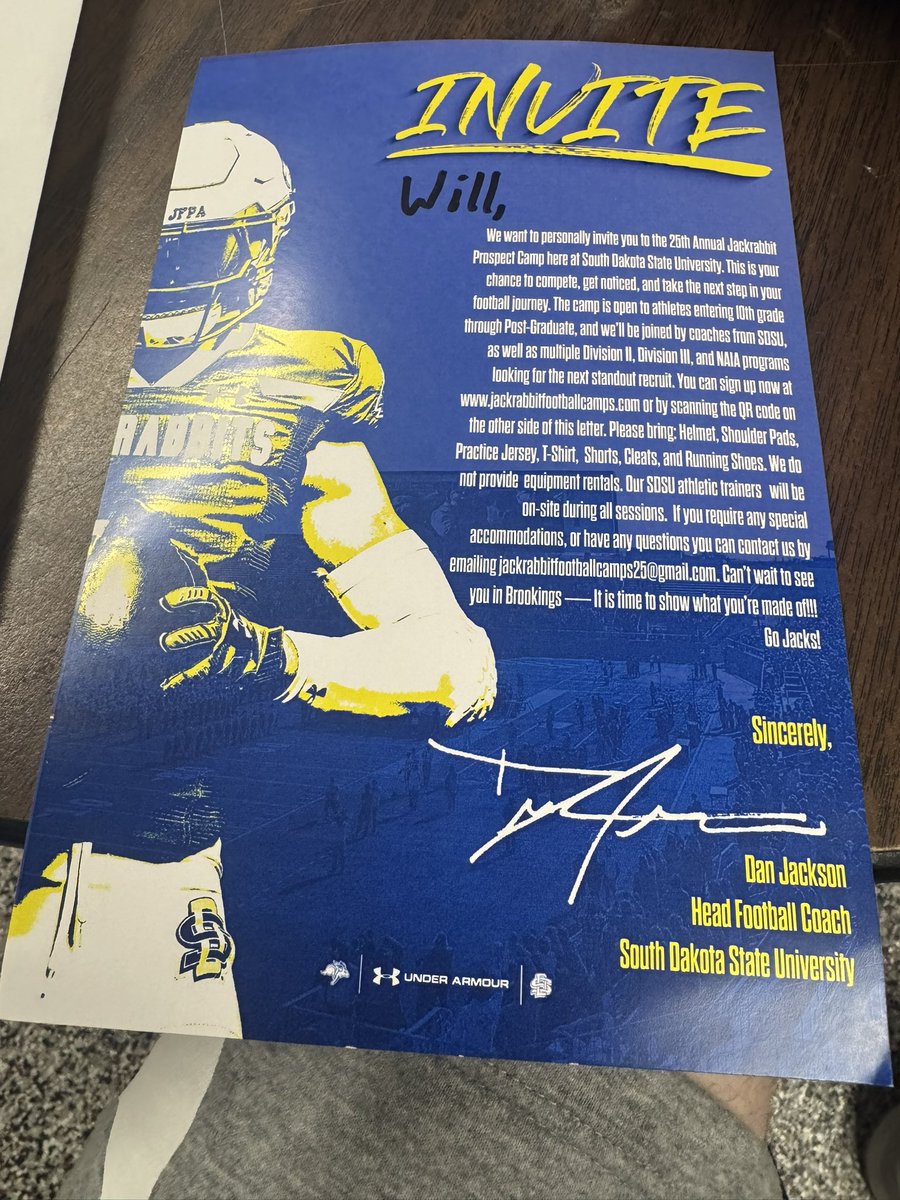 After a great talk with coach Mike Bangston of South Dakota state university, I’m extremely exited to take a visit and attend the camp on June 9! Thank you for the interest and your time